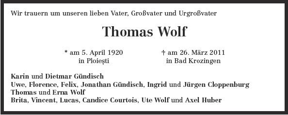 Wolf Thomas 1920-2011 Todesanzeige